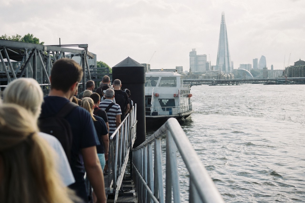 A queue of people waiting on a river pier gangway on a bright summer morning as a white sightseeing boat comes alongside