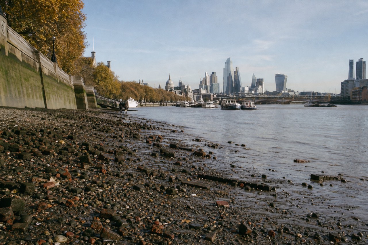 Exposed grey Thames foreshore at low tide, wet shingle scattered with worn brick, clay pipe stems and river-smoothed glass beneath a high stone embankment