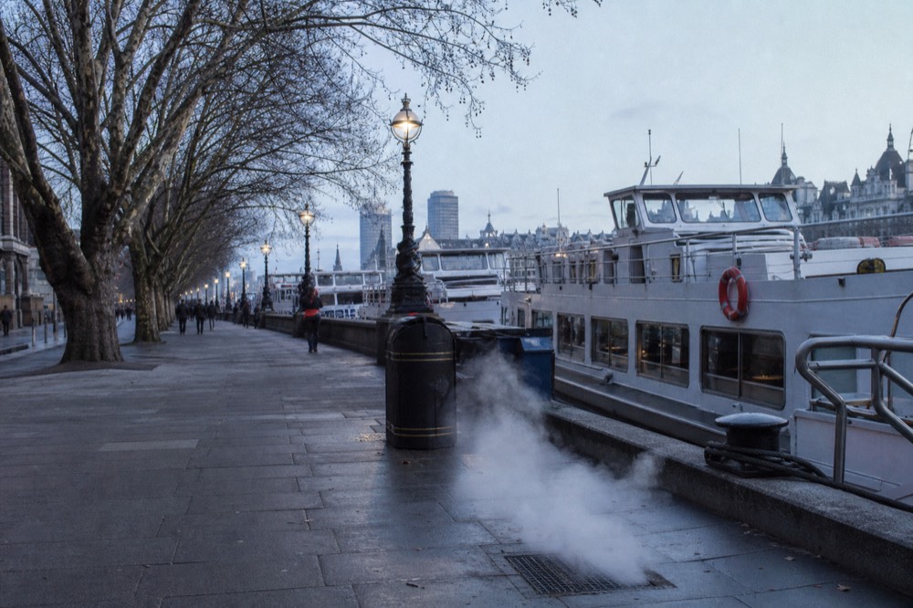 A row of white passenger launches moored bow-to-stern along a paved riverside promenade under bare plane trees on a bright cold morning