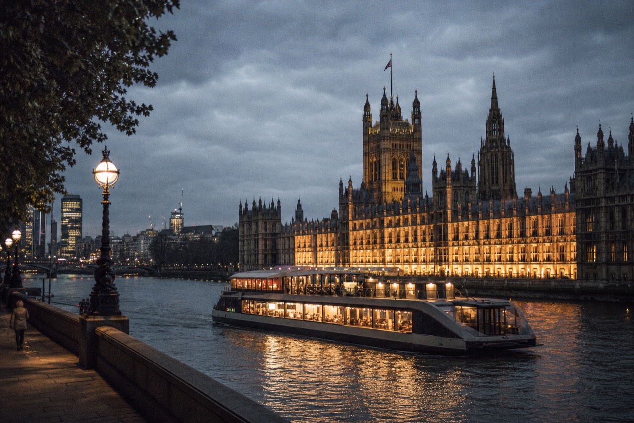 Dinner table set by a window on an evening Thames cruise with the lit city behind