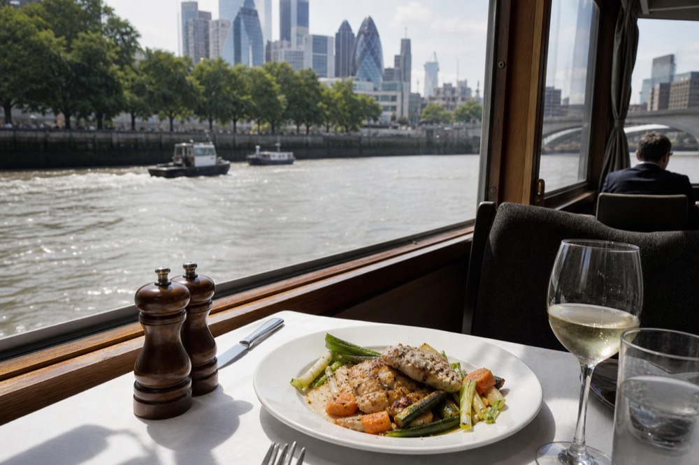 A plated chicken main with vegetables on a white tablecloth beside a boat window, daylight on the river outside