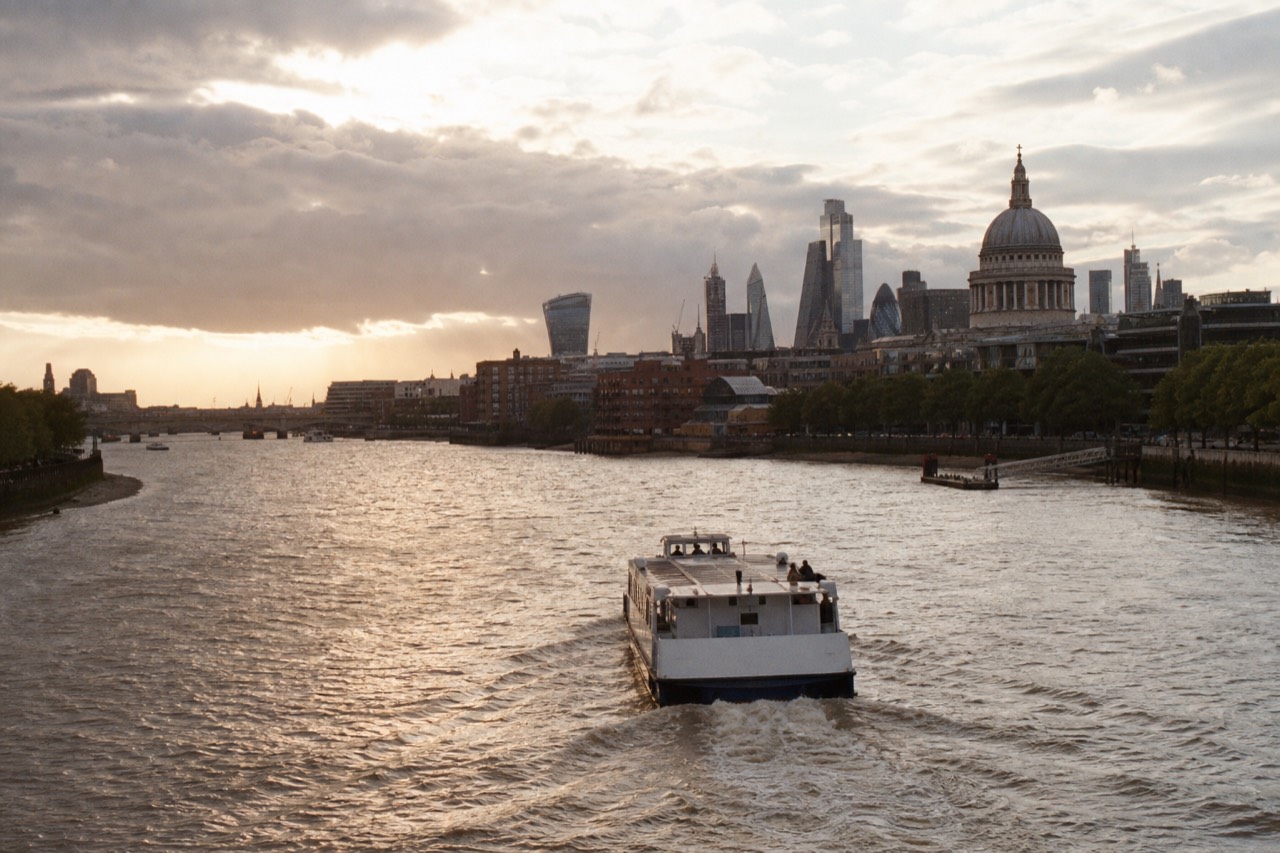 River boat heading downstream from Westminster toward Greenwich past the City skyline